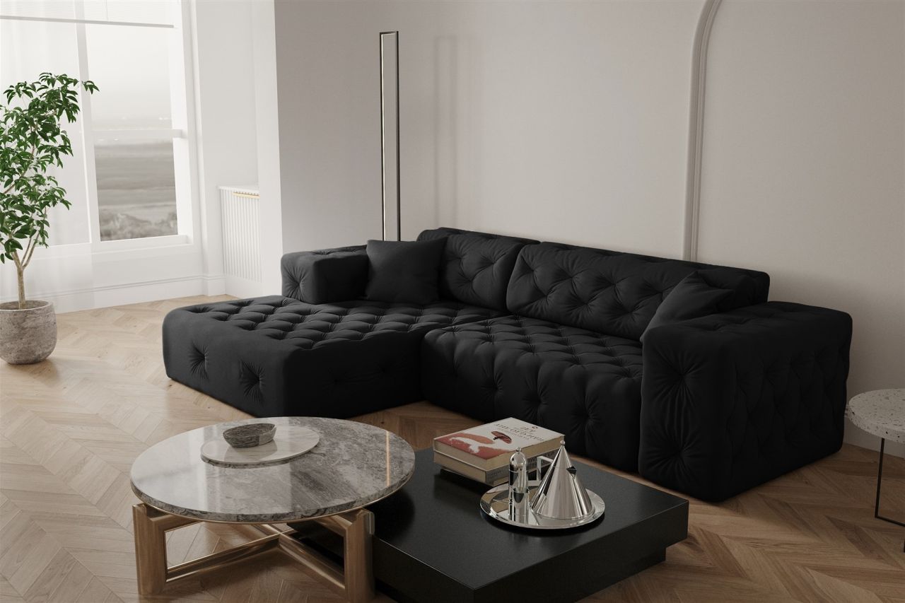 Ecksofa ersofa CHANTAL in Stoff Opera Velvet Schwarz Ottomane Links