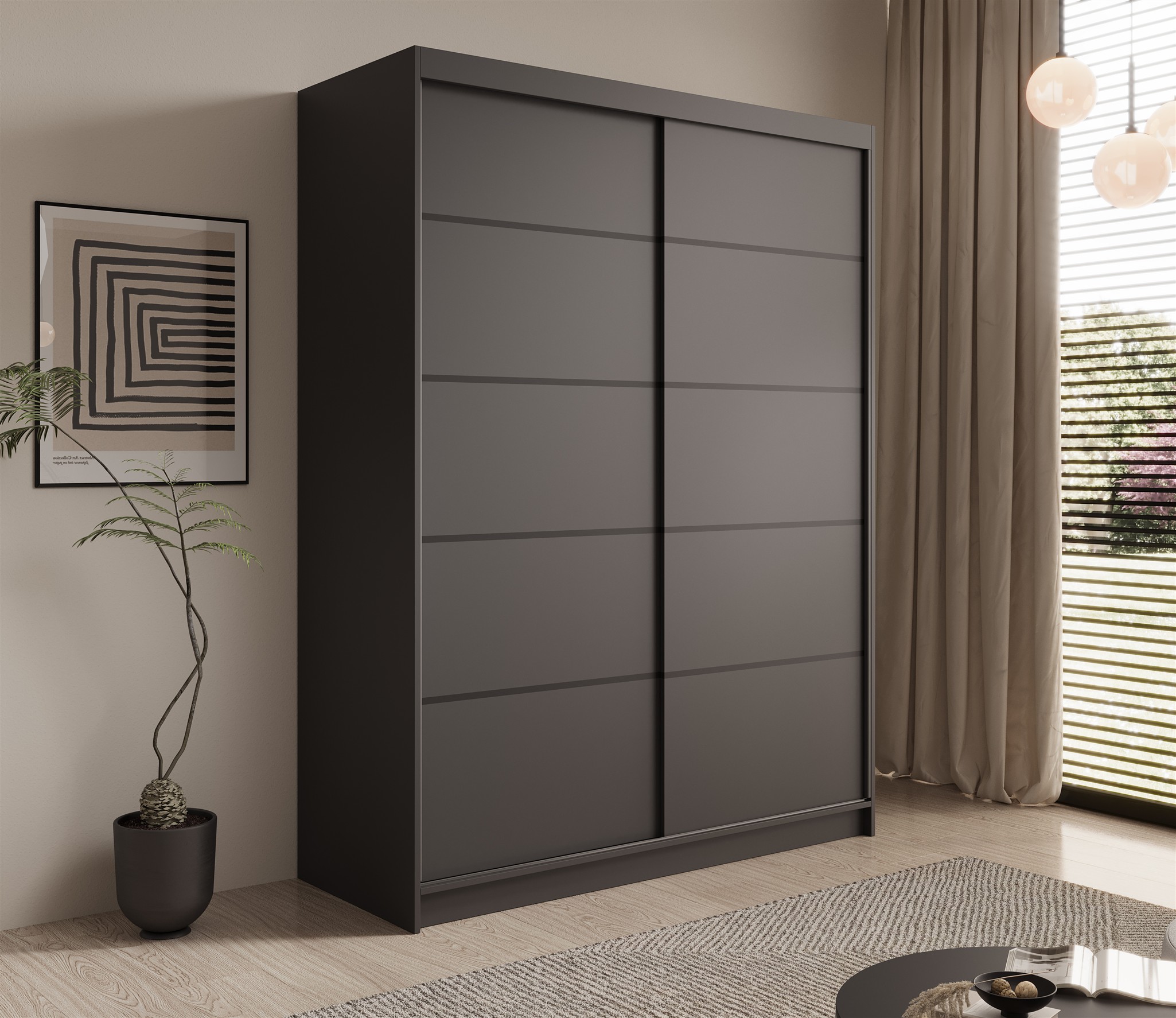 Schiebetürenschrank Schrank CALNT Schwarz matt 150x200x58 cm | Breite: 150cm | Schwebetürenschränke | Kleiderschränke