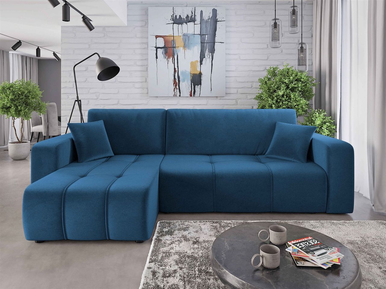 Ecksofa mit Schlaffunktion Sofa DAGNY in Stoff Kronos Blau Ottomane Links