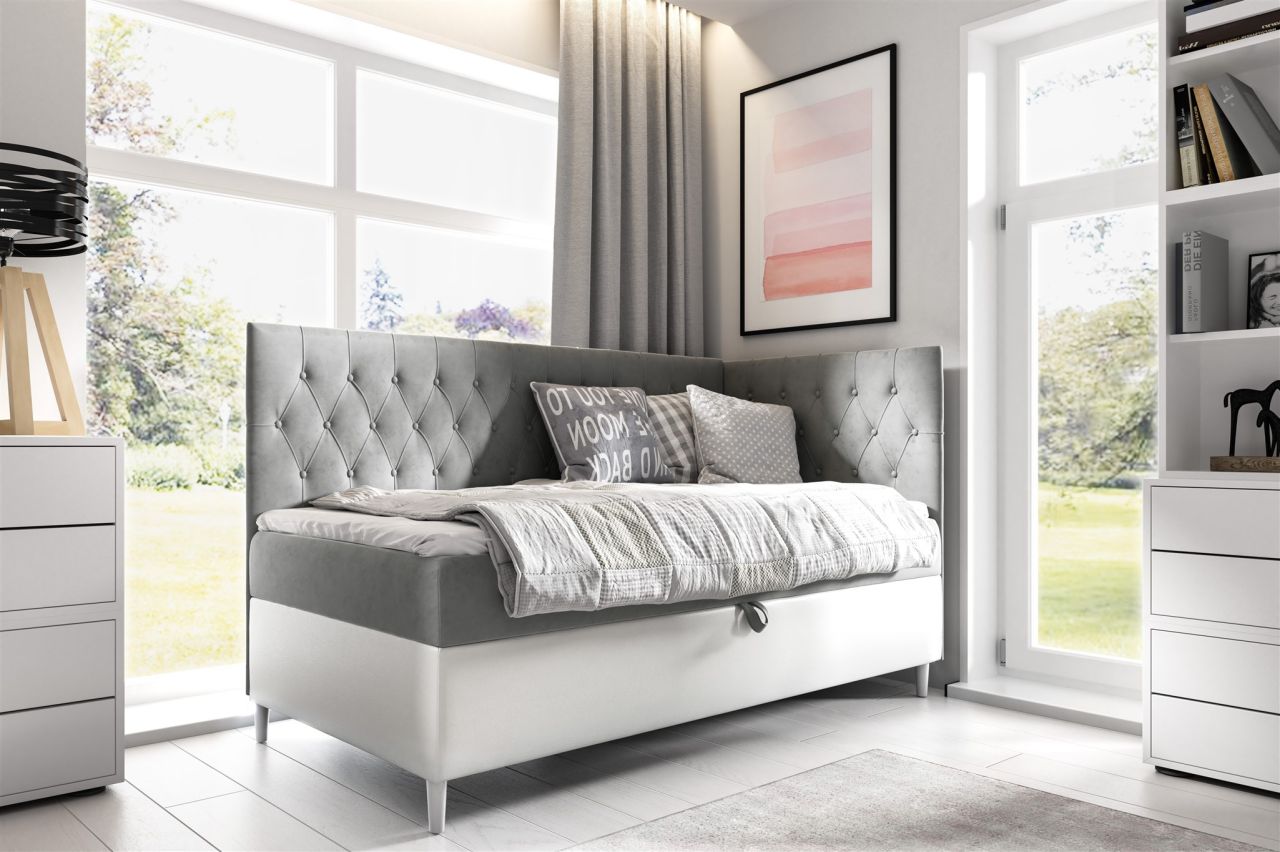 Boxspringbett Gästebett Kinderbett FINJA Nr.3 90x200cm Weiss-Grau Seite Rechts