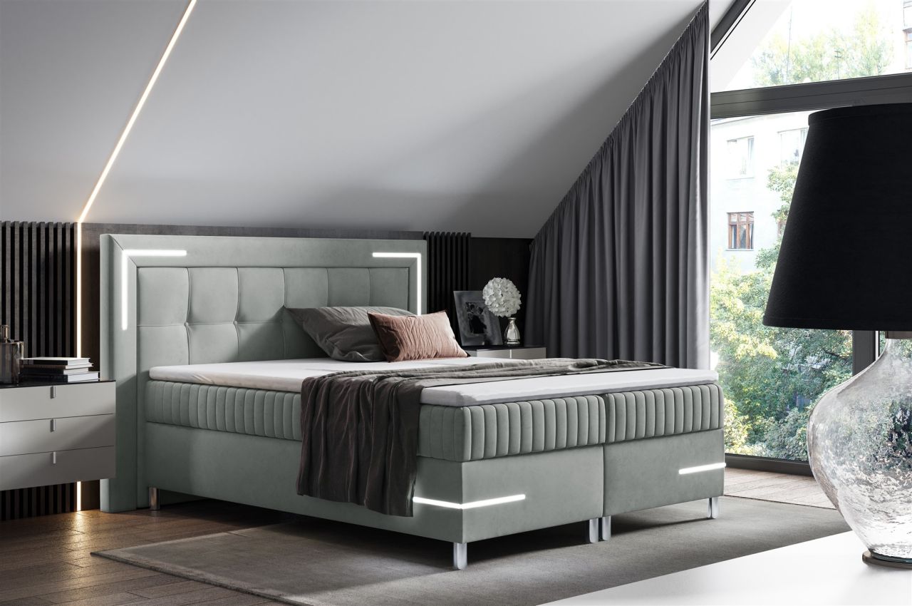 Boxspringbett Schlafzimmerbett 140x200cm AMORE Nr.1 Silbergrau inkl. LED-Bele...