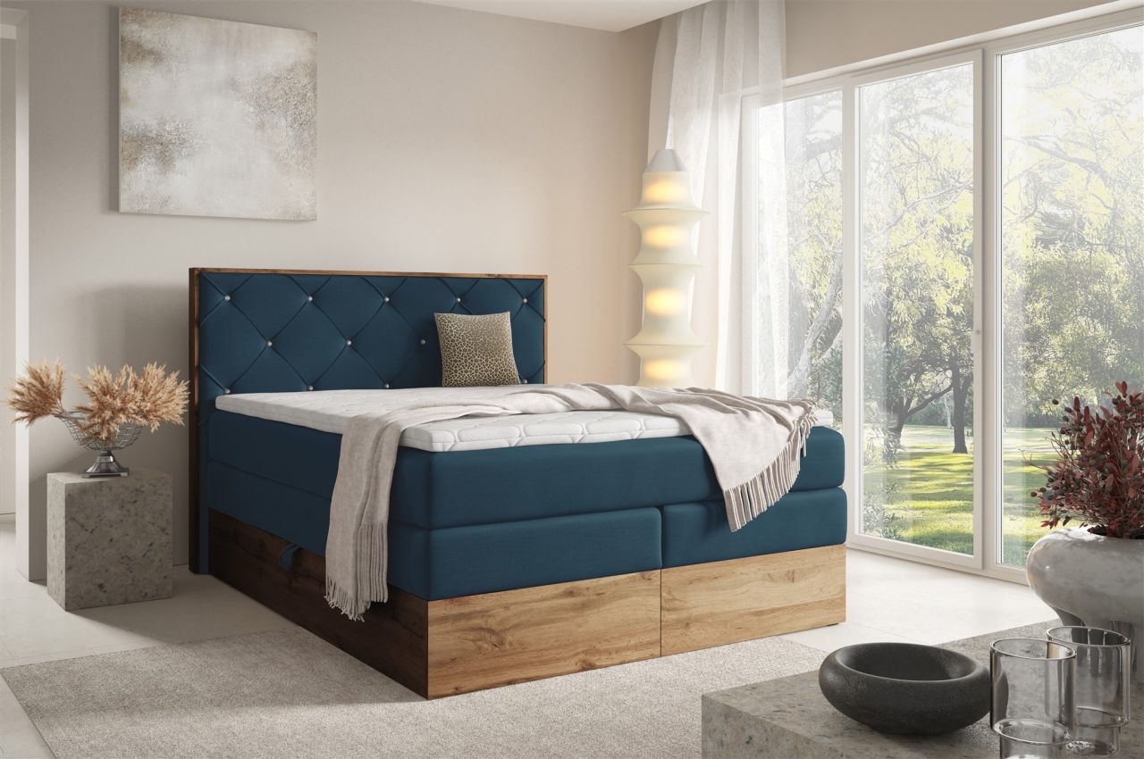 Boxspringbett Schlafzimmerbett NAVEL 200x200cm in Stoff Rouge Dunkelblau