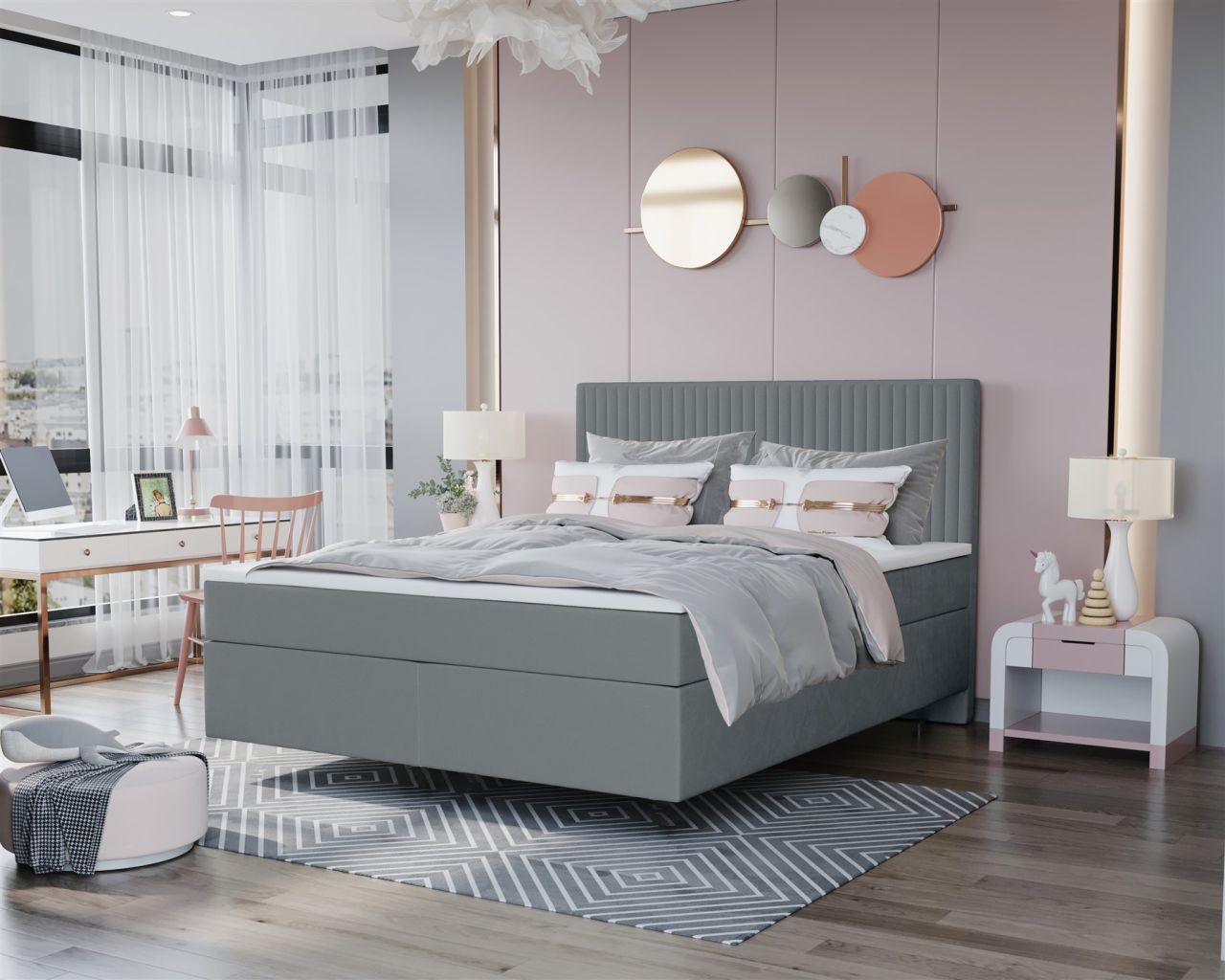 Boxspringbett Schlafzimmerbett ROCIO Nr.2 Delux 140x200cm in Stoff Grau