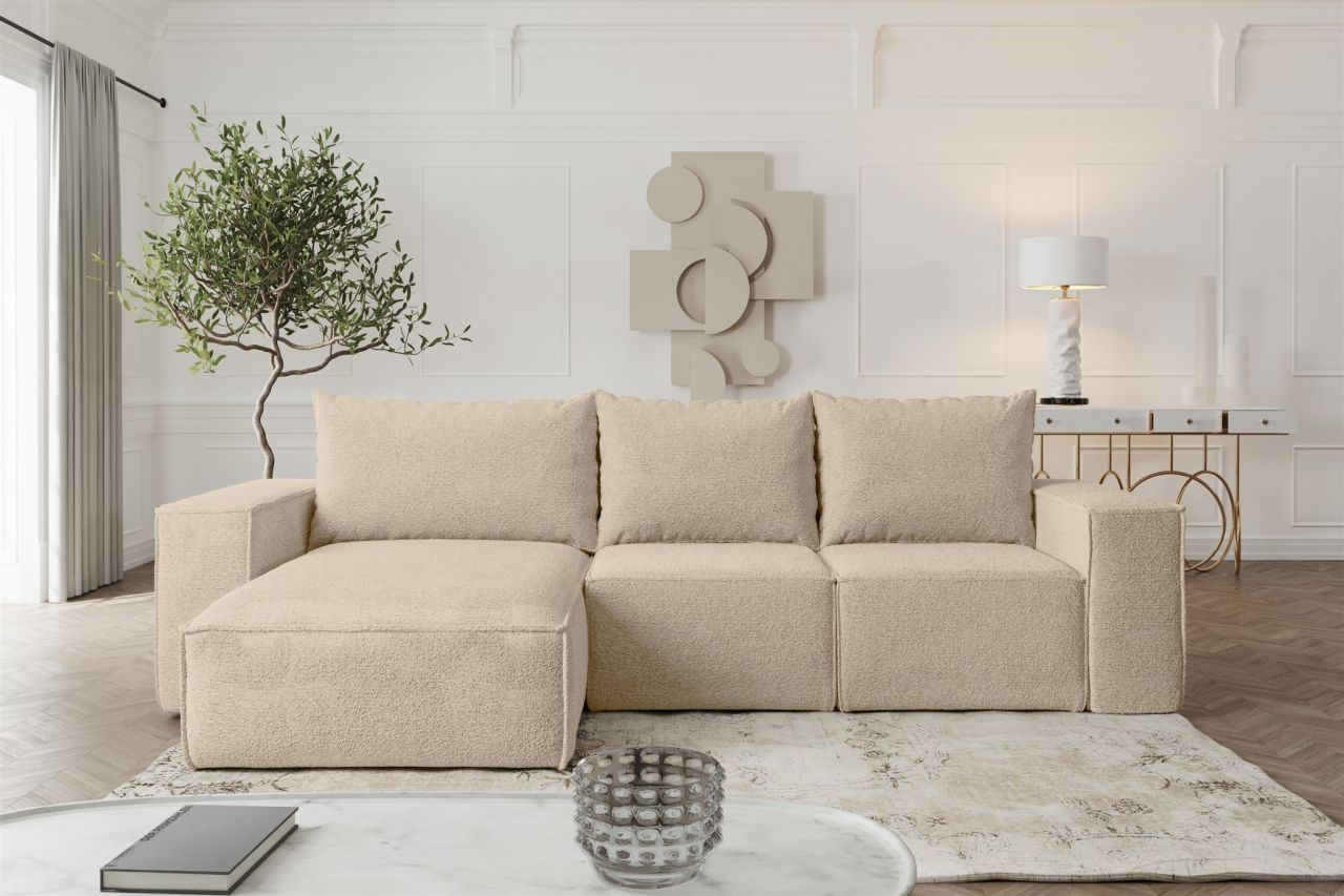 Ecksofa Sofa mit Schlaffunktion ESTELLE in Stoff Abriamo Beige Ottomane Links