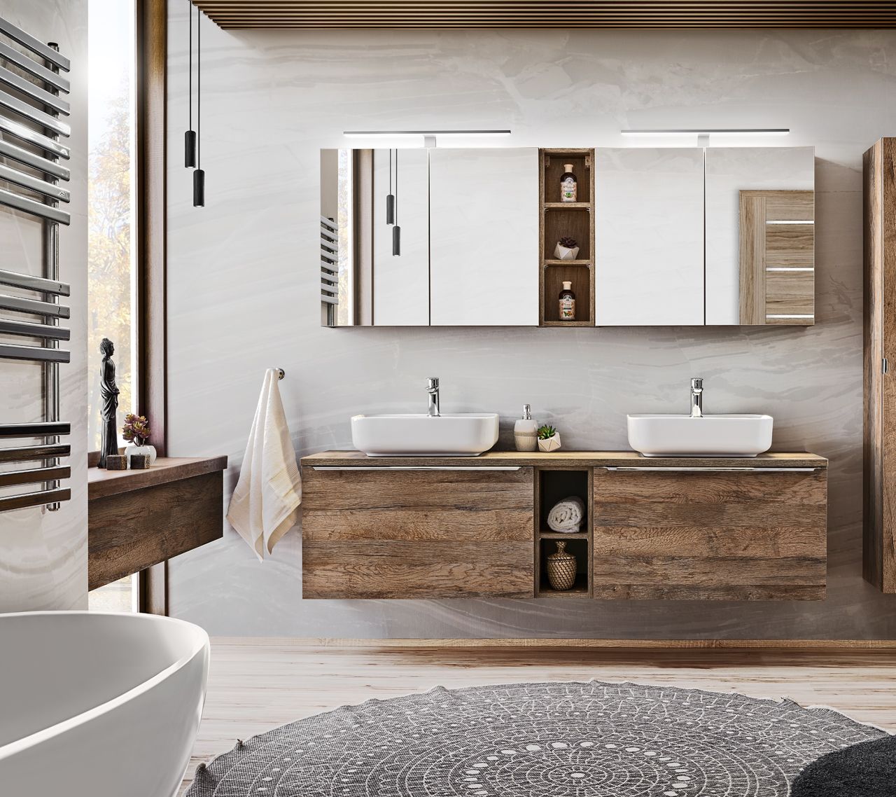 Badmöbel Set 8-tlg Badezimmerset AKAN Vintage Eiche Variante C inkl. Waschtisch