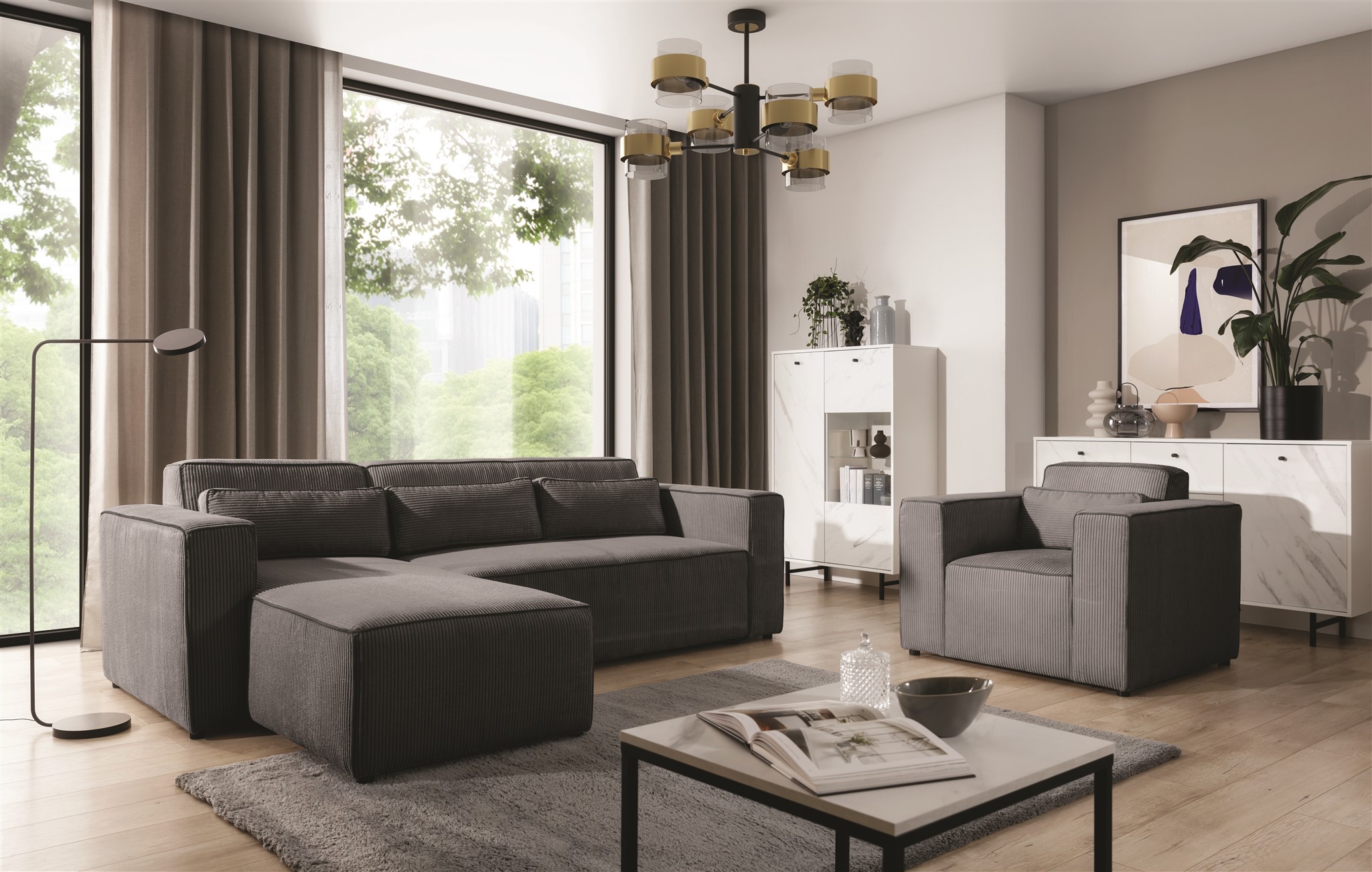 Ecksofa Schlafsofa inkl. Sessel WALDO Stoff Poso Anthrazit Ottomane Links | Couchgarnituren | Polstermöbel