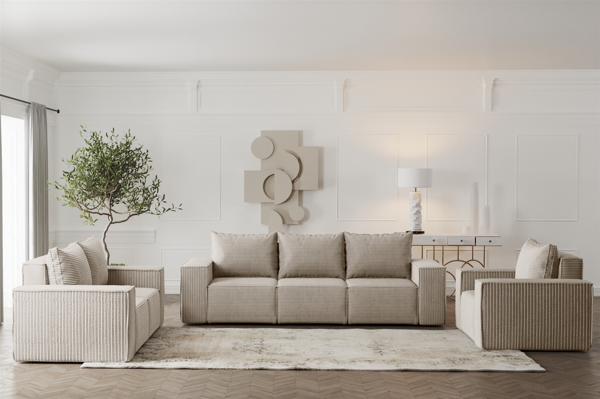 Sofaset Designersofa ESTELLE 3-2-1 mit Schlaffunktion in Stoff Poso Beige | Sofaset mit Schlaffunktion | Serie-ESTELLE | Polstermöbel-Serie
