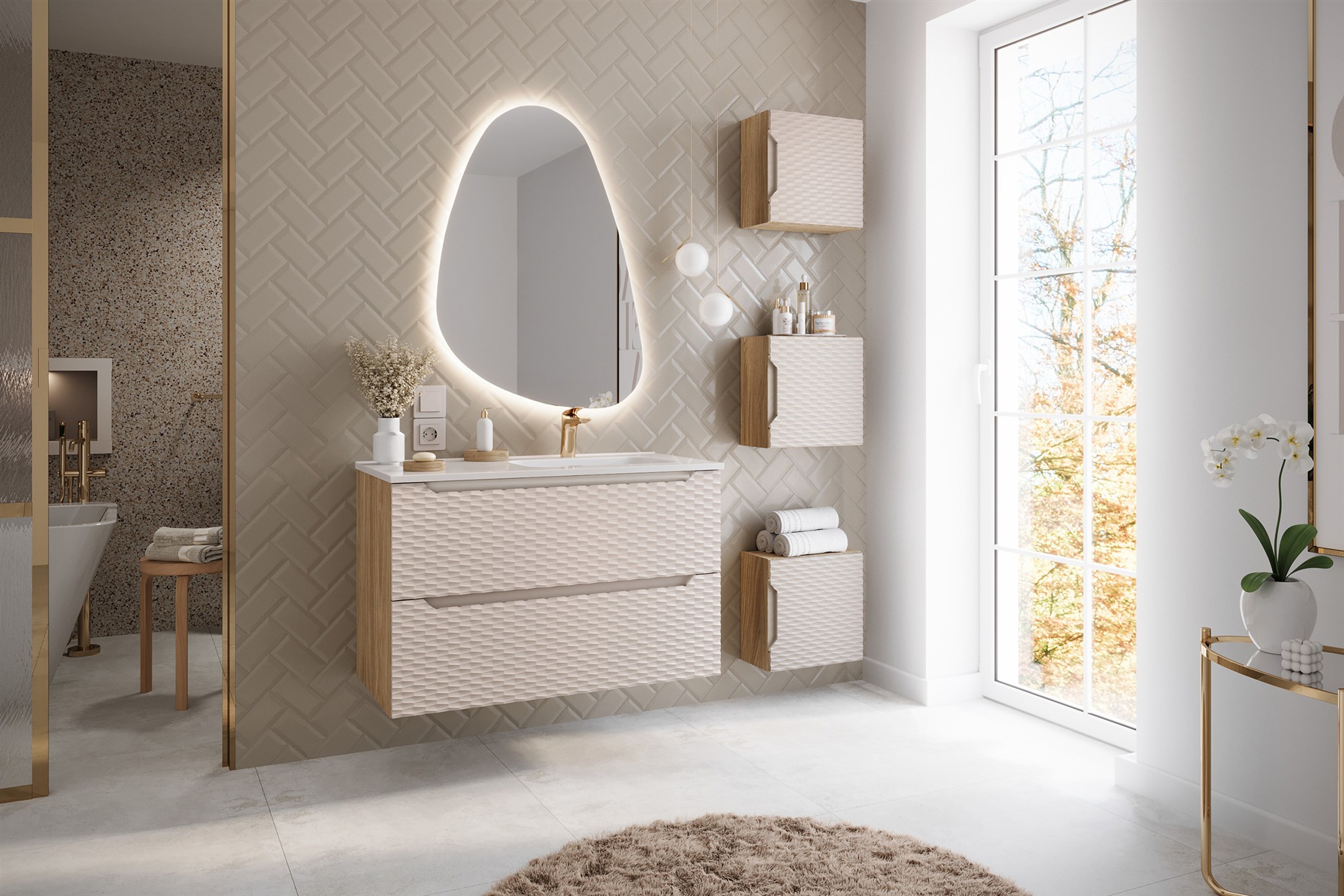 Badmöbel Set 5-tlg Badezimmerset LAXY Eiche Beige Schrank 90cm inkl. Waschtisch | LAXY | Badkombination / Modern | Badmöbel
