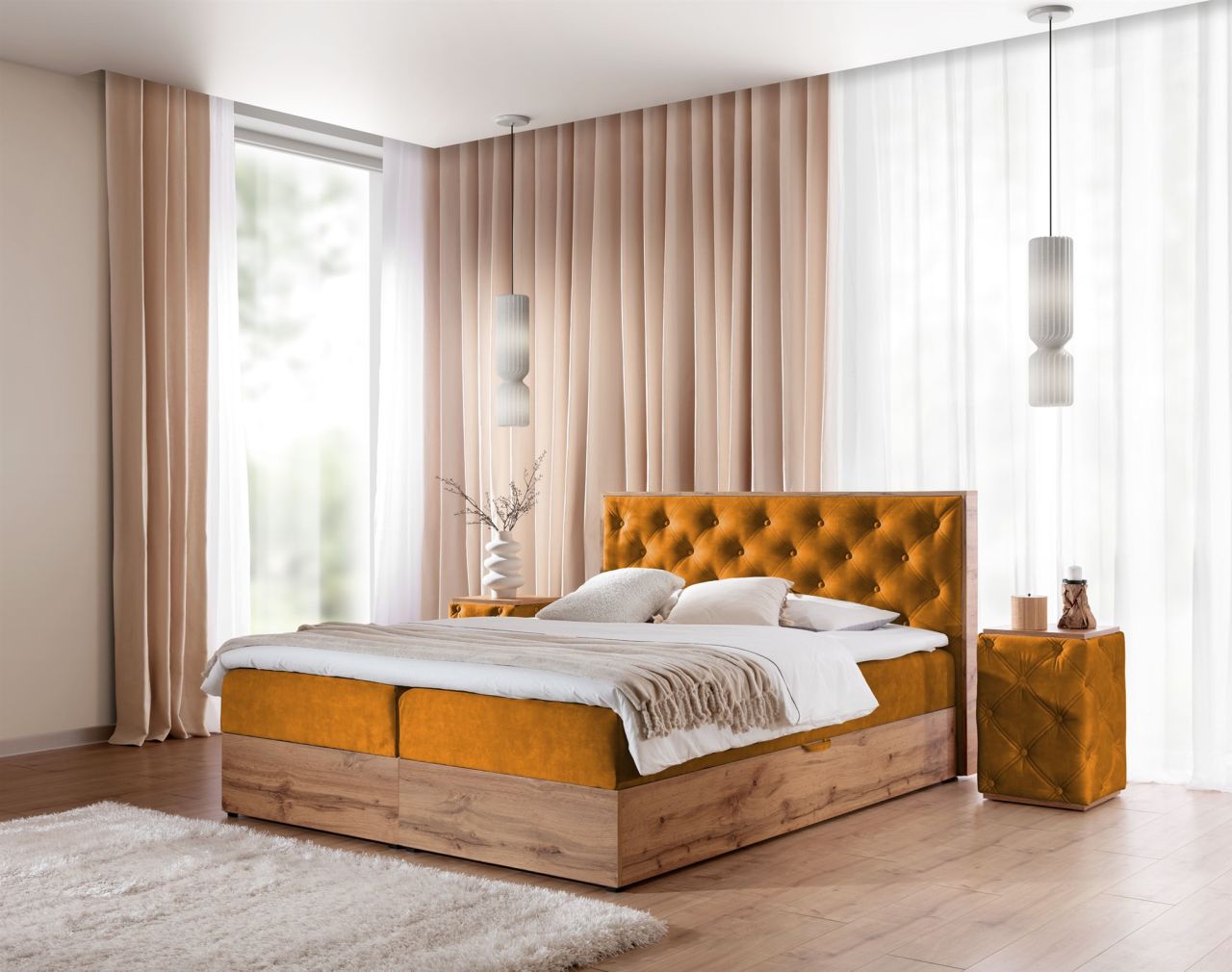 Boxspringbett Schlafzimmerbett MAXIMO 180x220cm in Stoff Torre Honiggelb