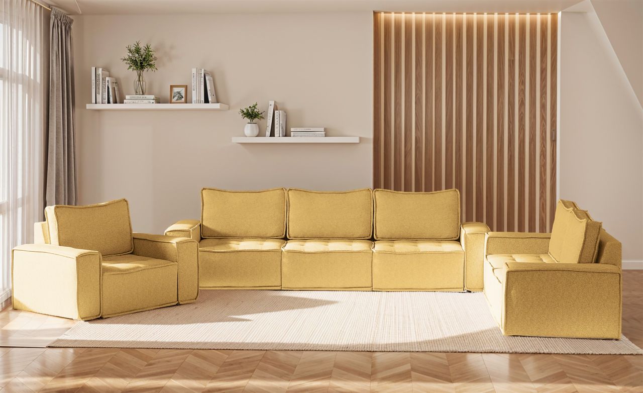 Sofaset Modulsofa-Set 6-teilig SANDE 3-2-1 Stoff Raven Honiggelb