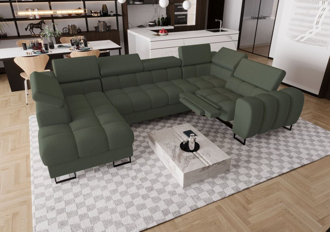 Wohnlandschaft Schlafsofa BASTIEN RELAX in Stoff Gemma Dunkelgrün Ottomane Links