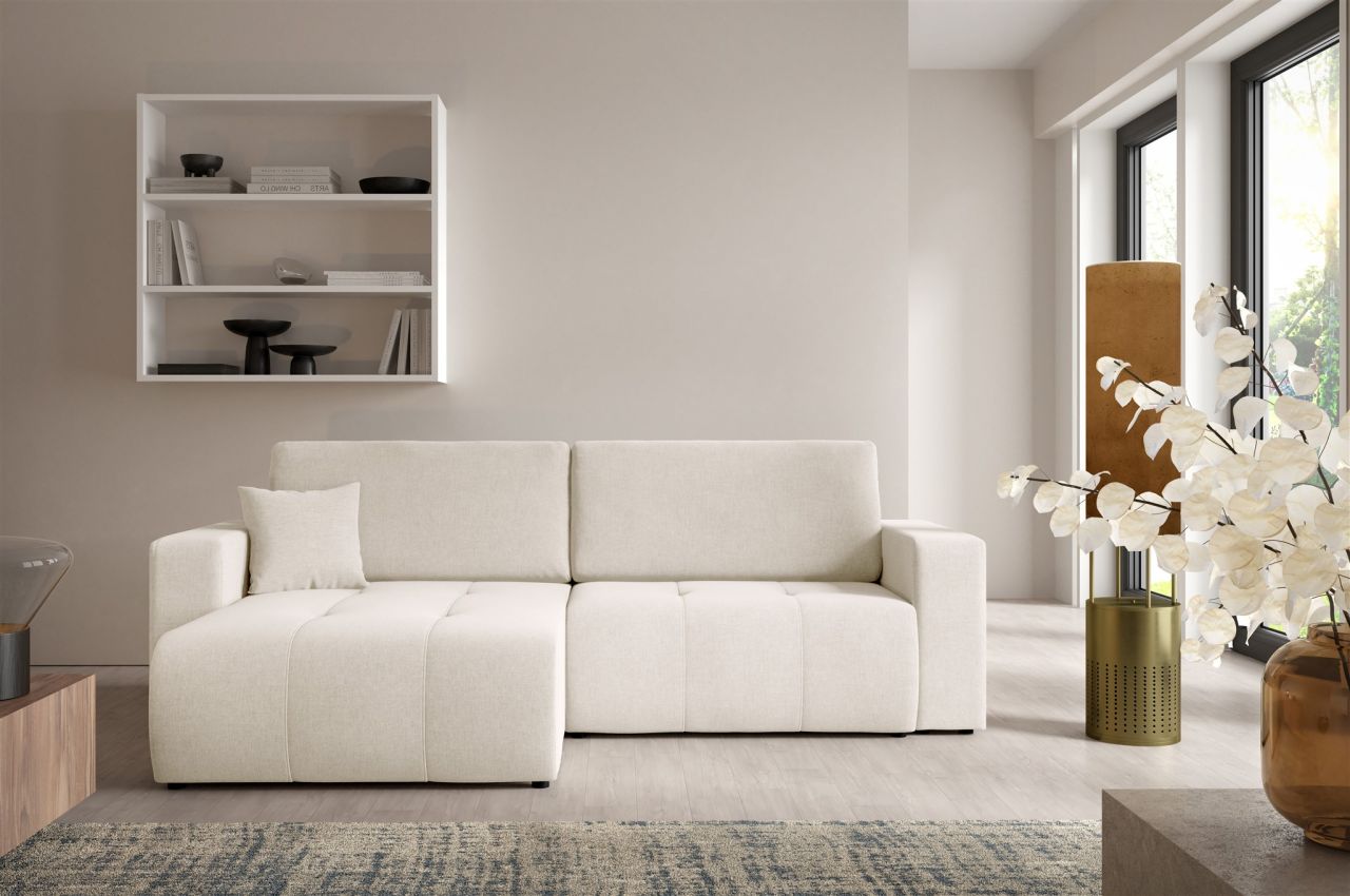 Ecksofa Sofa mit Schlaffunktion AUGUSTO in Stoff Wind Creme Ottomane Links