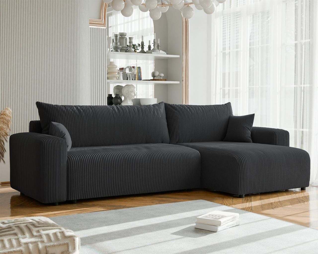 Ecksofa mit Schlaffunktion LUNA MAX in Stoff Poso Dunkelgrau Ottomane Rechts