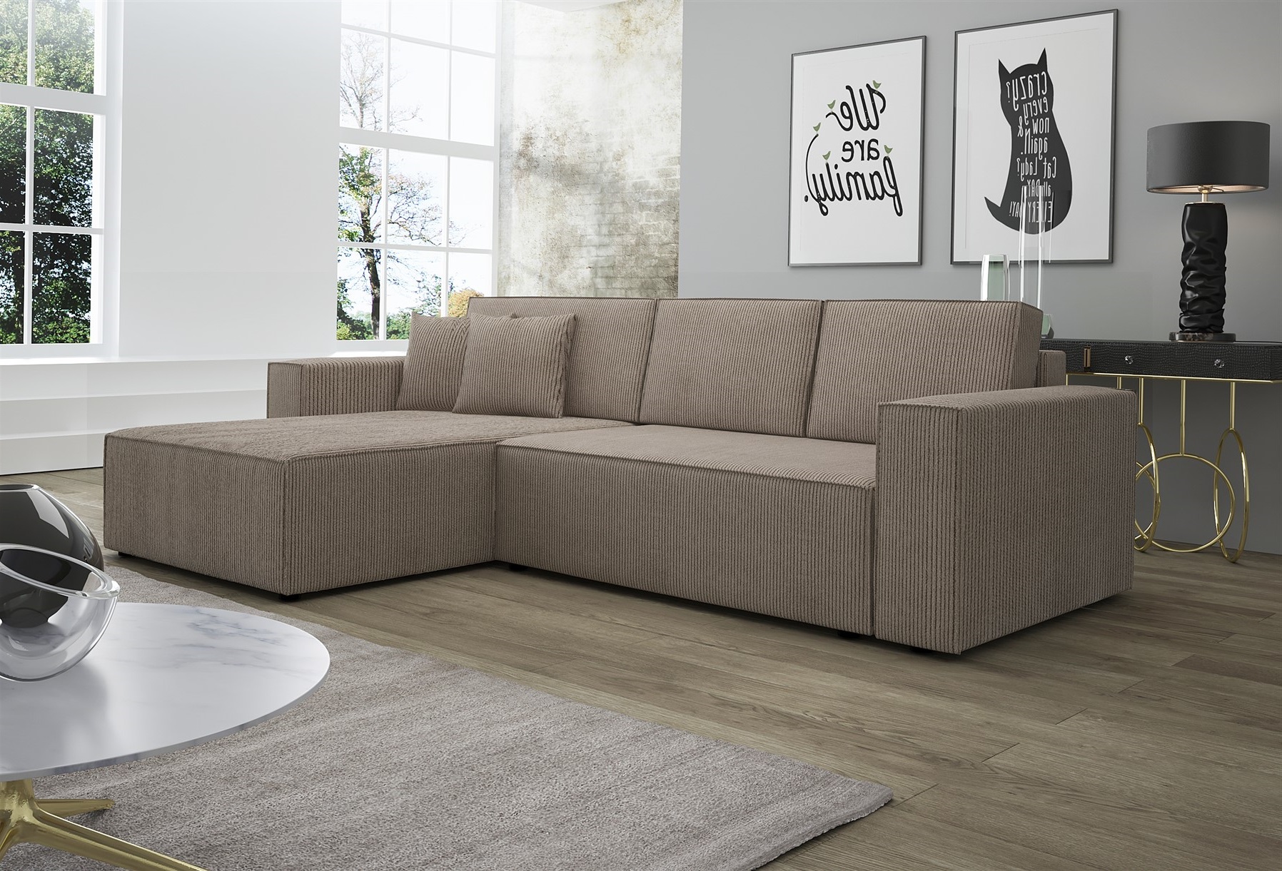 Ecksofa Schlafsofa Sofa CONOR Stoff Dunkelbeige Ottomane Links | Ecksofa mit Schlaffunktion | Serie-CONOR | Polstermöbel-Serie