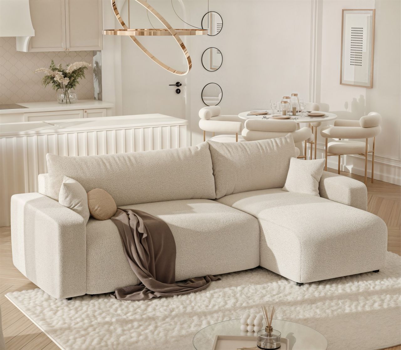 Ecksofa mit Schlaffunktion Sofa LUNA Stoff Centaur Beige Ottomane Rechts