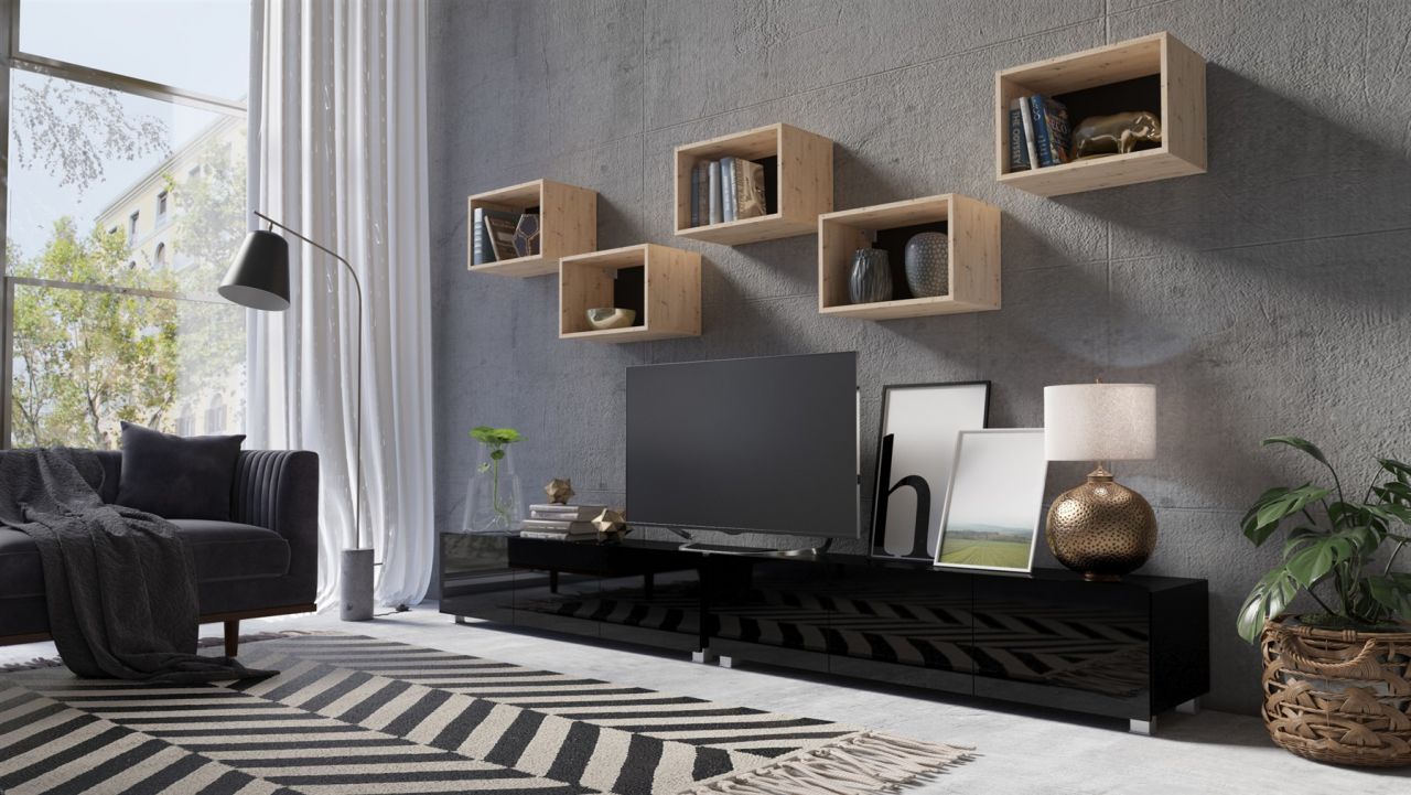 Mediawand Wohnwand 7 tlg - KAVOS 20 - Schwarz Hochglanz