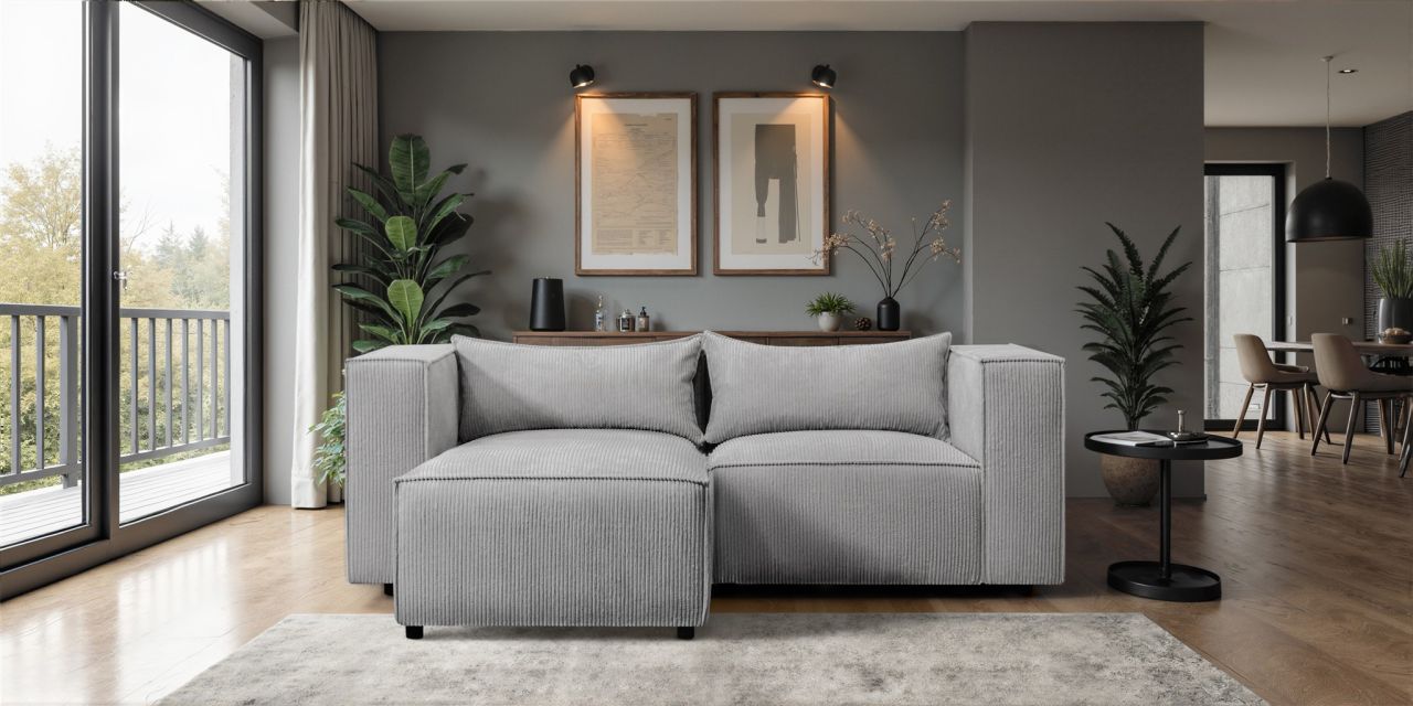 Ecksofa ersofa NEVIO XS in Stoff Lincoln Grau Ottomane Links
