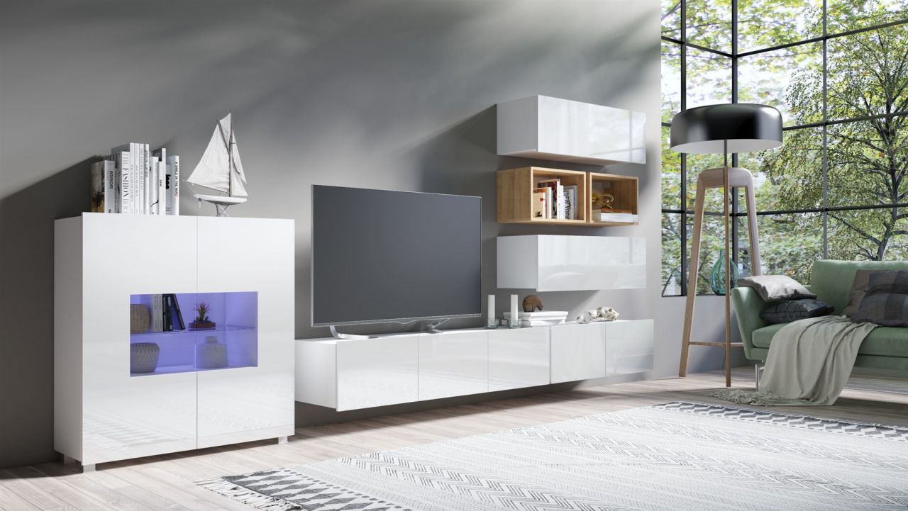 Mediawand Wohnwand 7 tlg - KAVOS 11 - Weiss Hochglanz inkl.LED