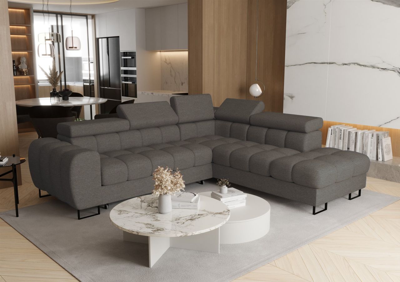 Ecksofa Schlafsofa BASTIEN MAX in Stoff Aragon Dunkelgrau Ottomane Rechts