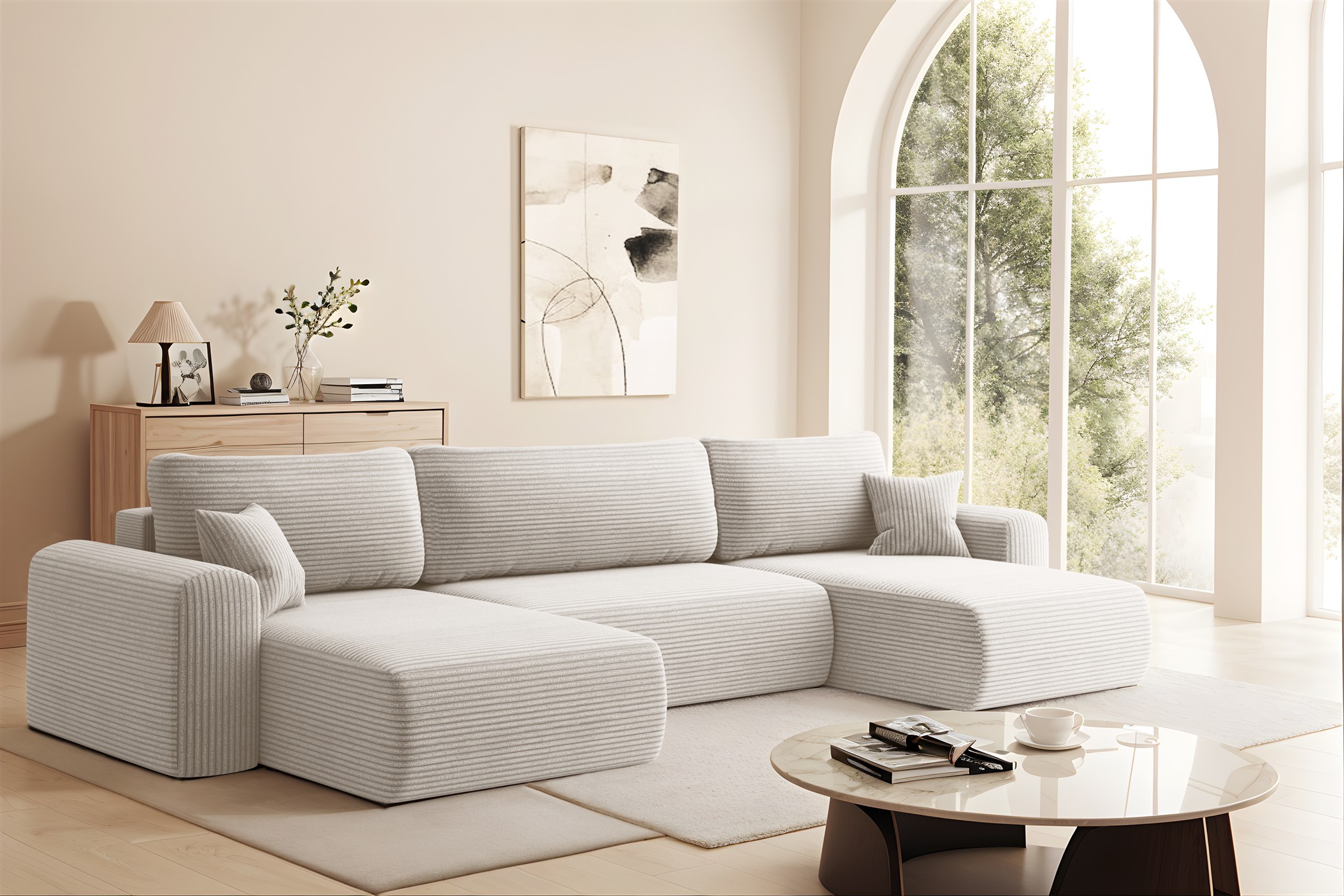 Wohnlandschaft Sofa mit Schlaffunktion FLORA Stoff Poso Altweiß | Wohnlandschaften mit Schlaffunktion | Polstermöbel | Wohn-& Essbereich