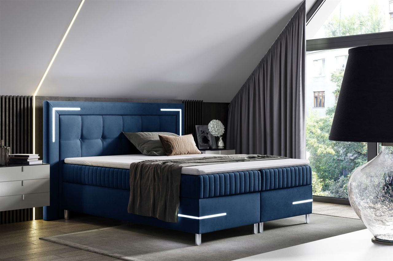 Boxspringbett Schlafzimmerbett 140x200cm AMORE Nr.1 Dunkelblau inkl. LED-Bele...