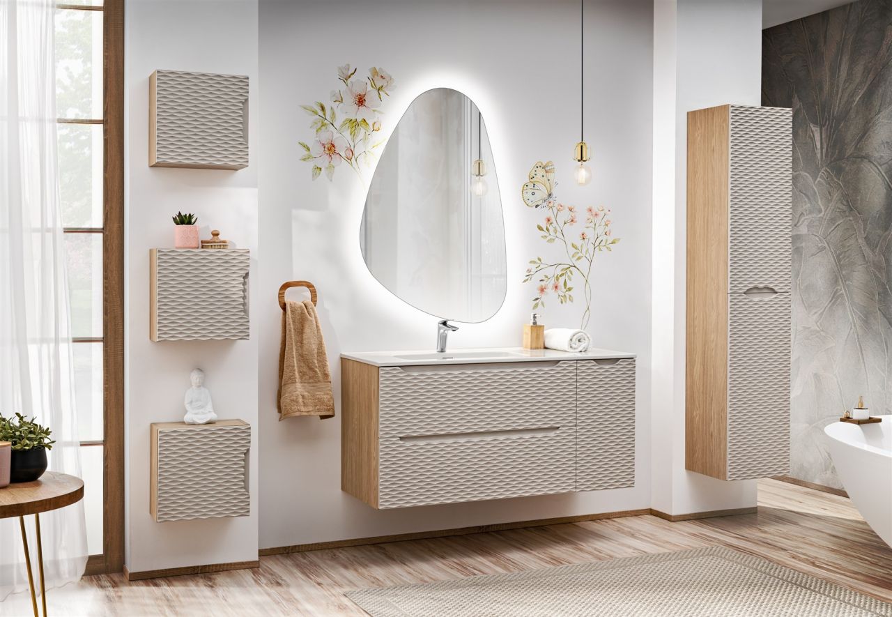 Badmöbel Set 7-tlg Badezimmerset LAXY Eiche Beige Regal rechts inkl. Waschtisch