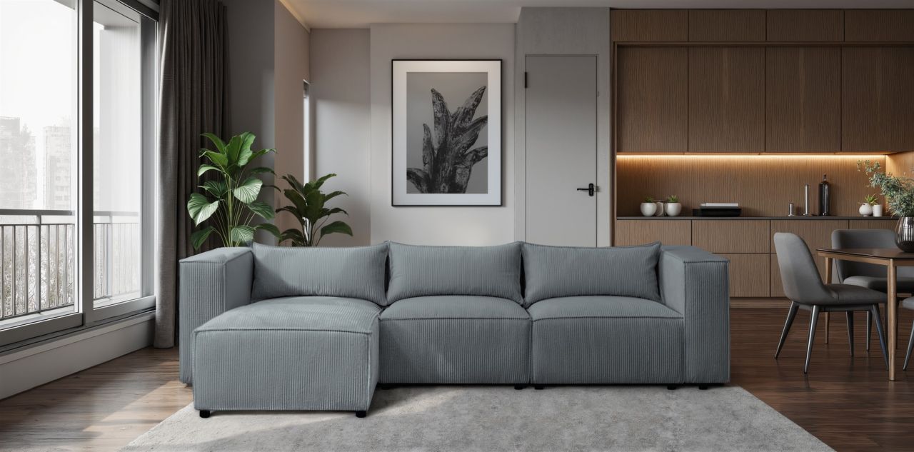 Ecksofa ersofa NEVIO in Stoff Lincoln Graublau Ottomane Links