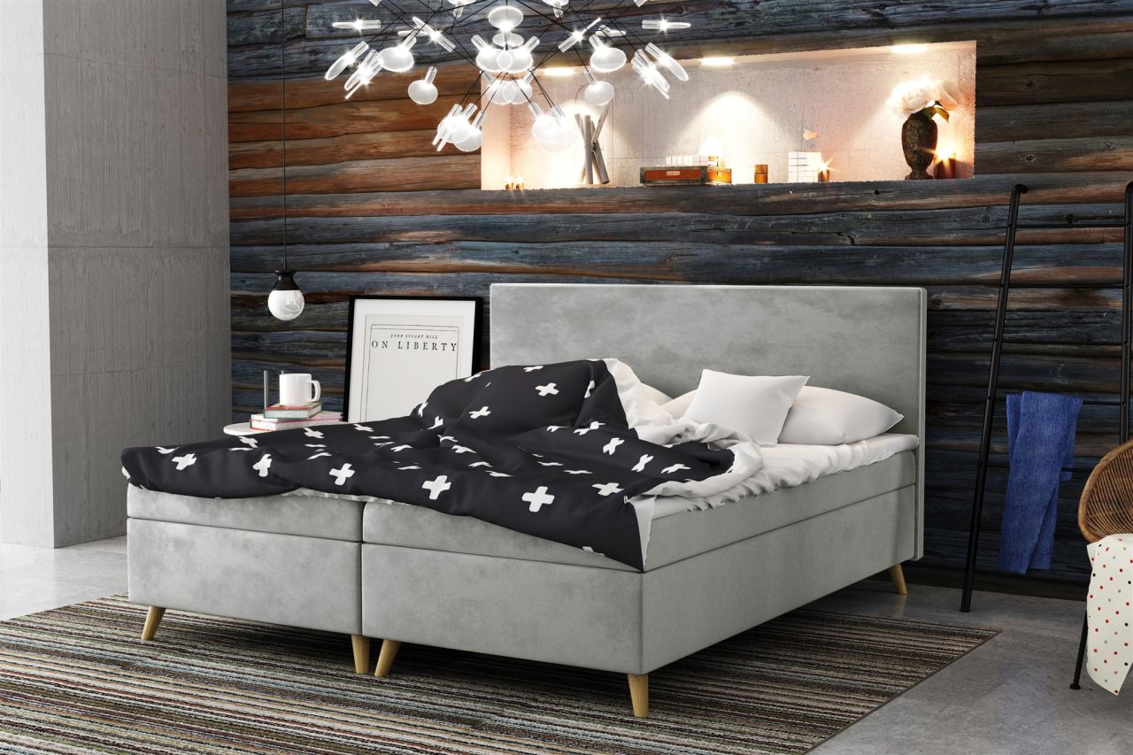 Boxspringbett Schlafzimmerbett Sileno 180x200cm in Stoff Riviera Grau