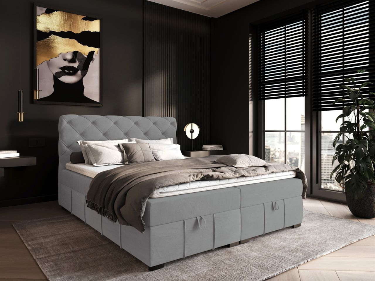 Boxspringbett Schlafzimmerbett GISEL 200x200cm Stoff Salvador Hellgrau