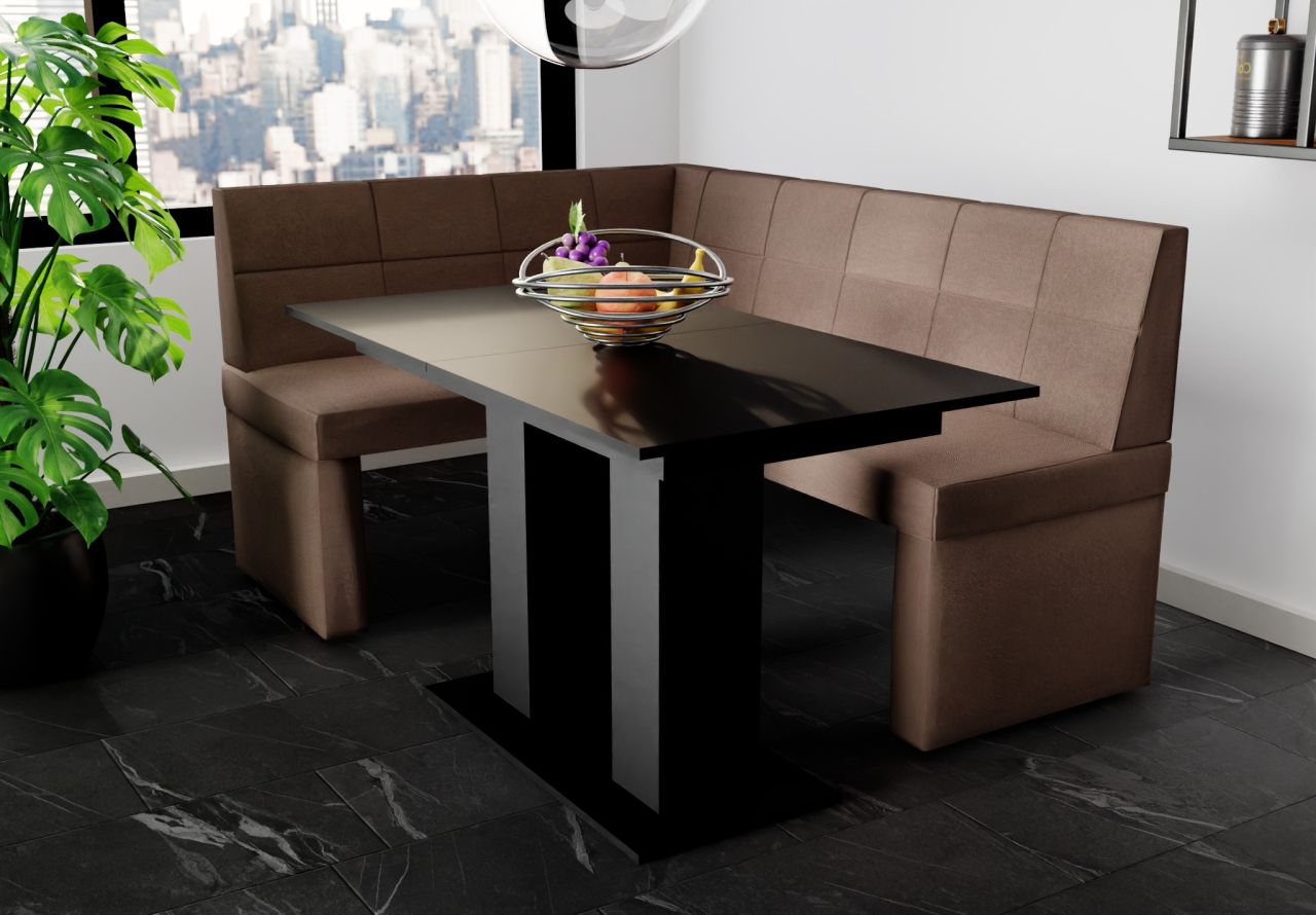 Eckbankgruppe 196x142 cm BLAKE XL R Stoff Soro Braun / Esstisch DANTE Schwarz