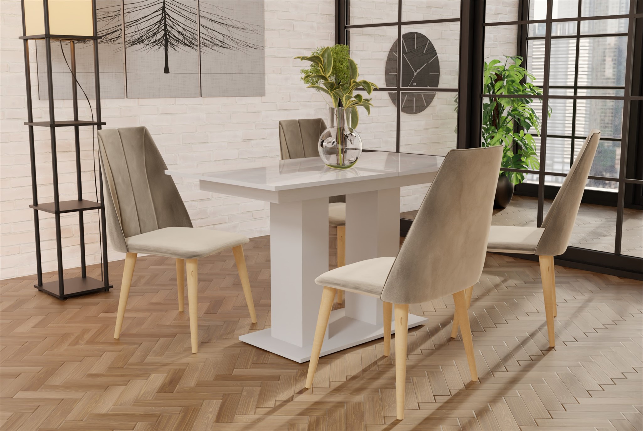 Essgruppe Weiss HGL-Tisch mit 4 Creme CAROS Stühlen für Esszimmer oder Küche | Esstisch mit Stühlen | Essgruppen | Wohn-& Essbereich