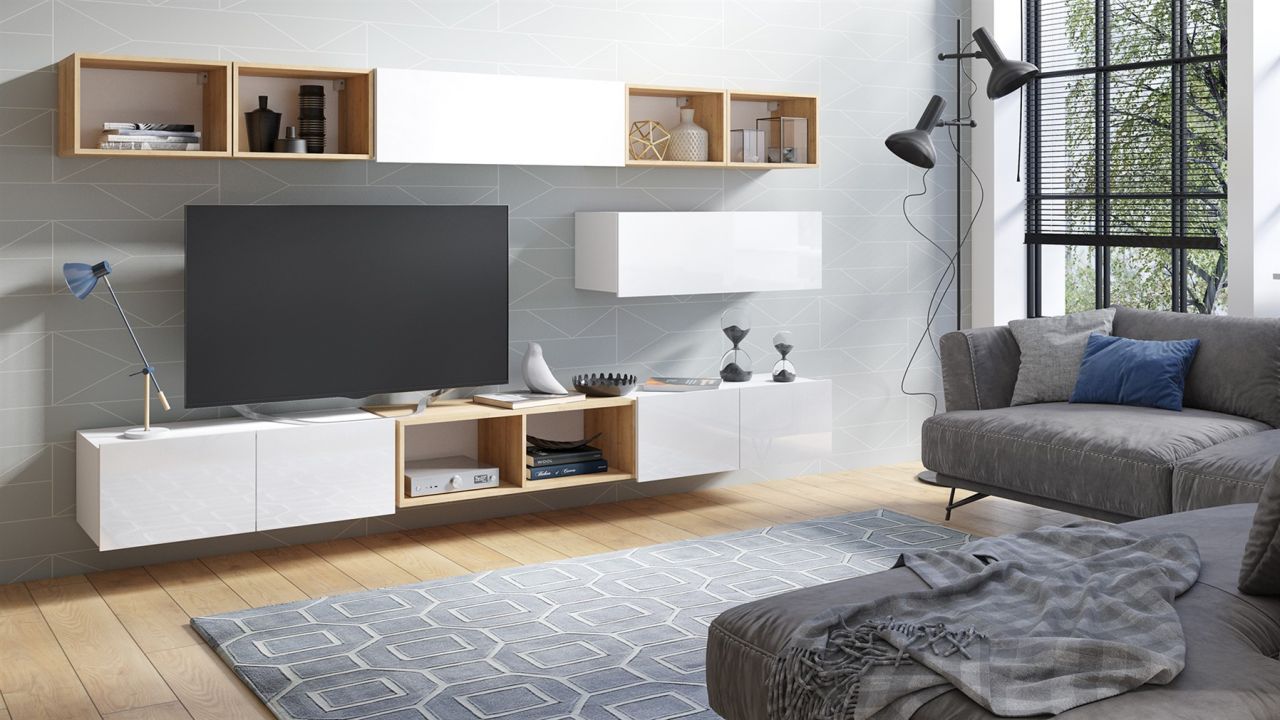 Mediawand Wohnwand 9 tlg - KAVOS 7 - Weiss Hochglanz