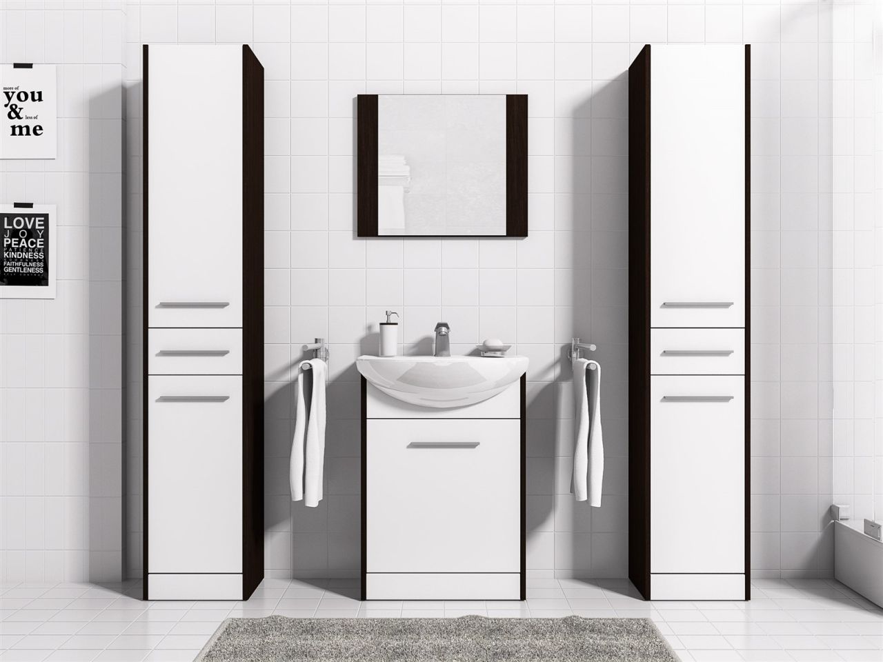 Badmöbel Set 5-Tlg Wenge / Weiss matt SEVILLA XL inkl.Waschtisch