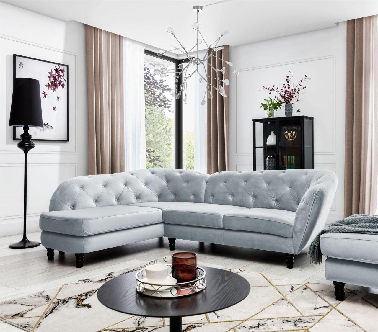 Ecksofa ersofa CHARLOTTE in Stoff Matt Velvet Hellgrau Ottomane Links