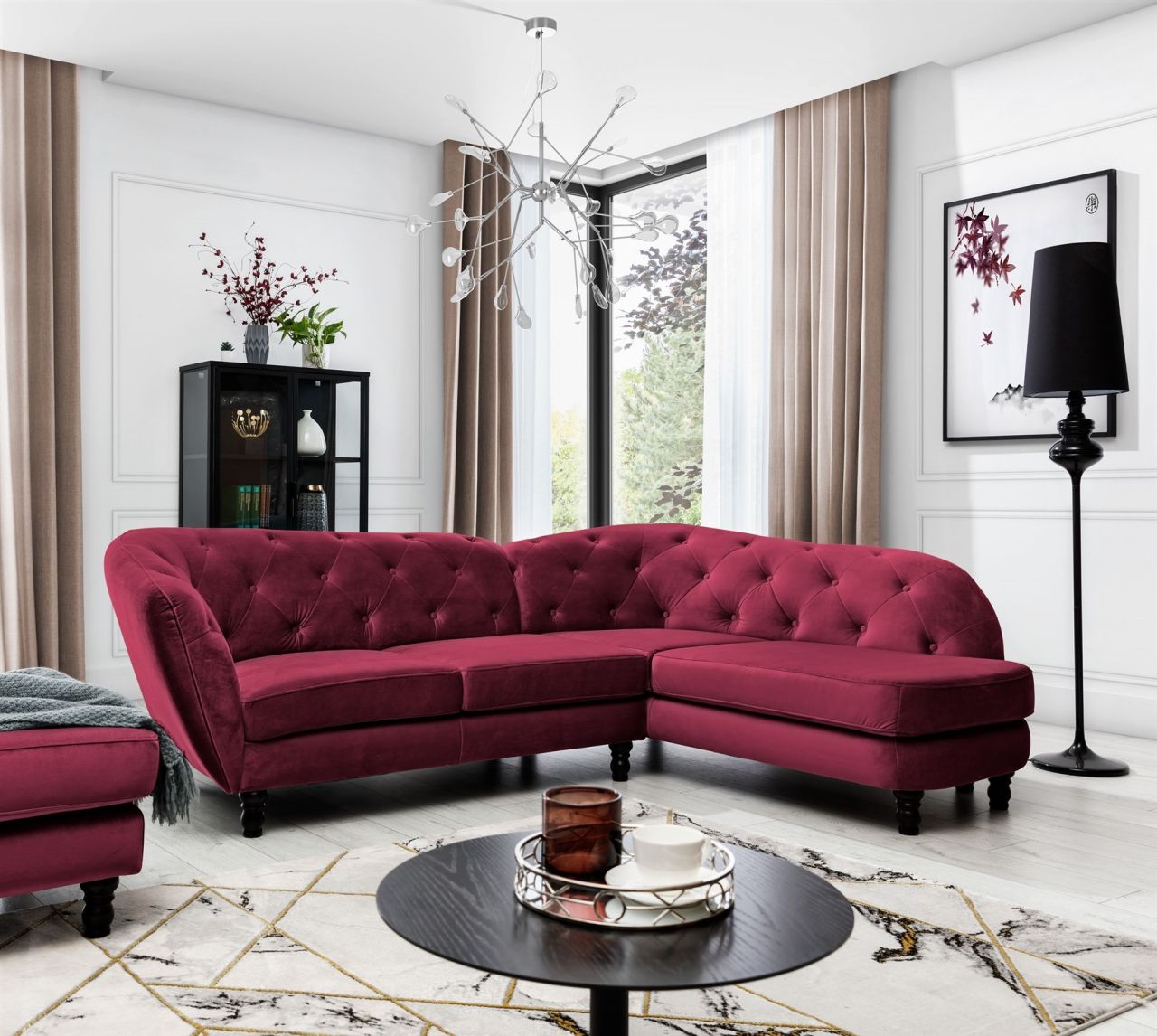 Ecksofa ersofa CHARLOTTE in Stoff Matt Velvet Bordeaux Ottomane Rechts