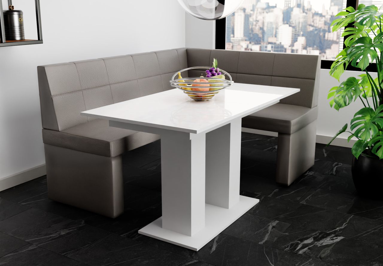 Eckbankgruppe 168x128 cm BLAKE L Kunstleder Grau / Esstisch DANTE Weiß HGL