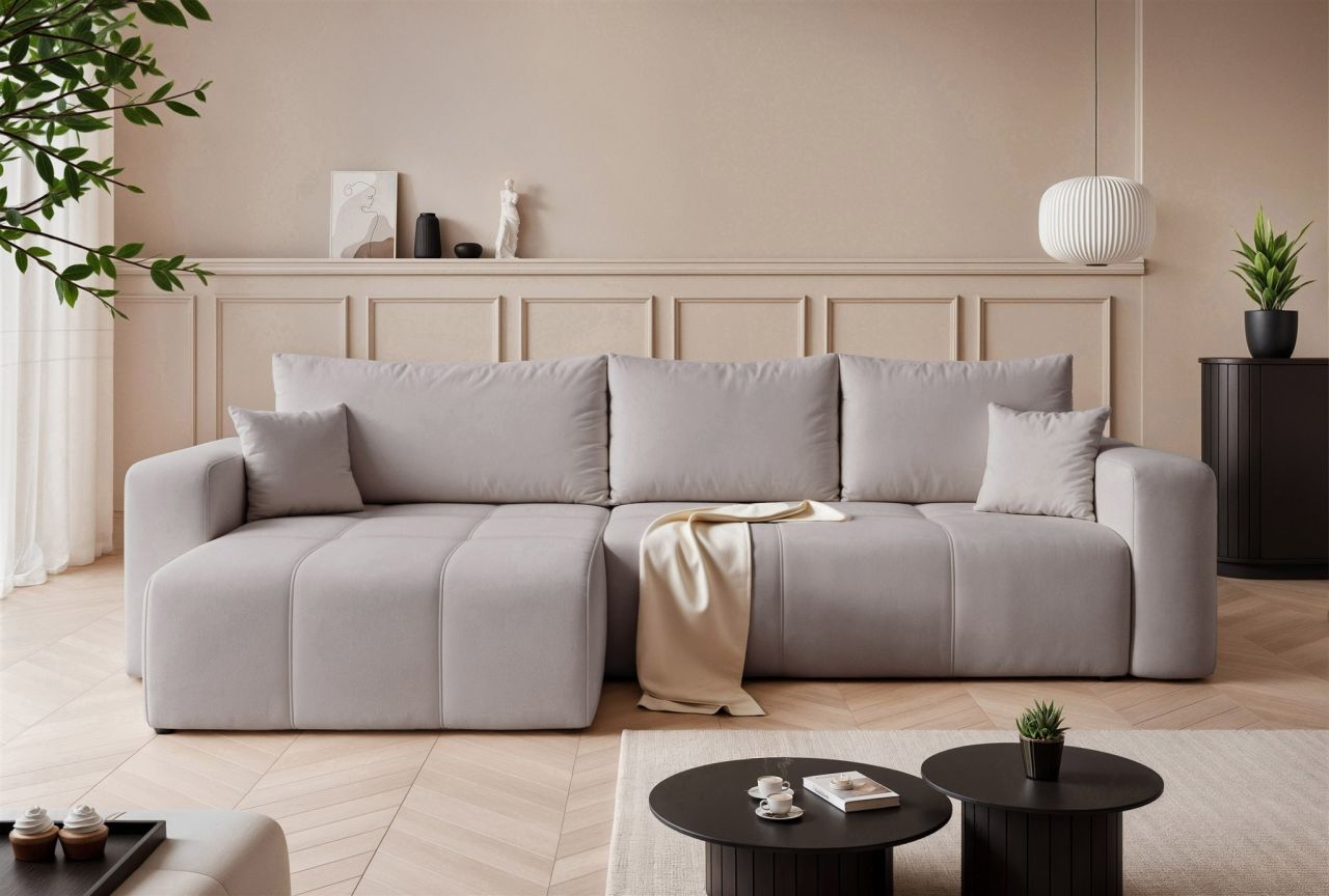 Ecksofa Schlafsofa Sofa LEROS in Stoff Manila Hellgrau Ottomane Links