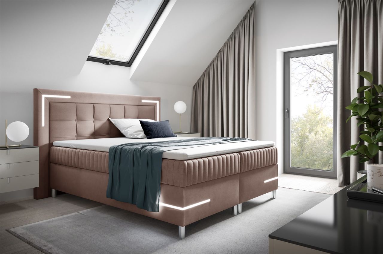 Boxspringbett Schlafzimmerbett 140x200cm AMORE Nr.2 Altrosa inkl. LED-Beleuch...