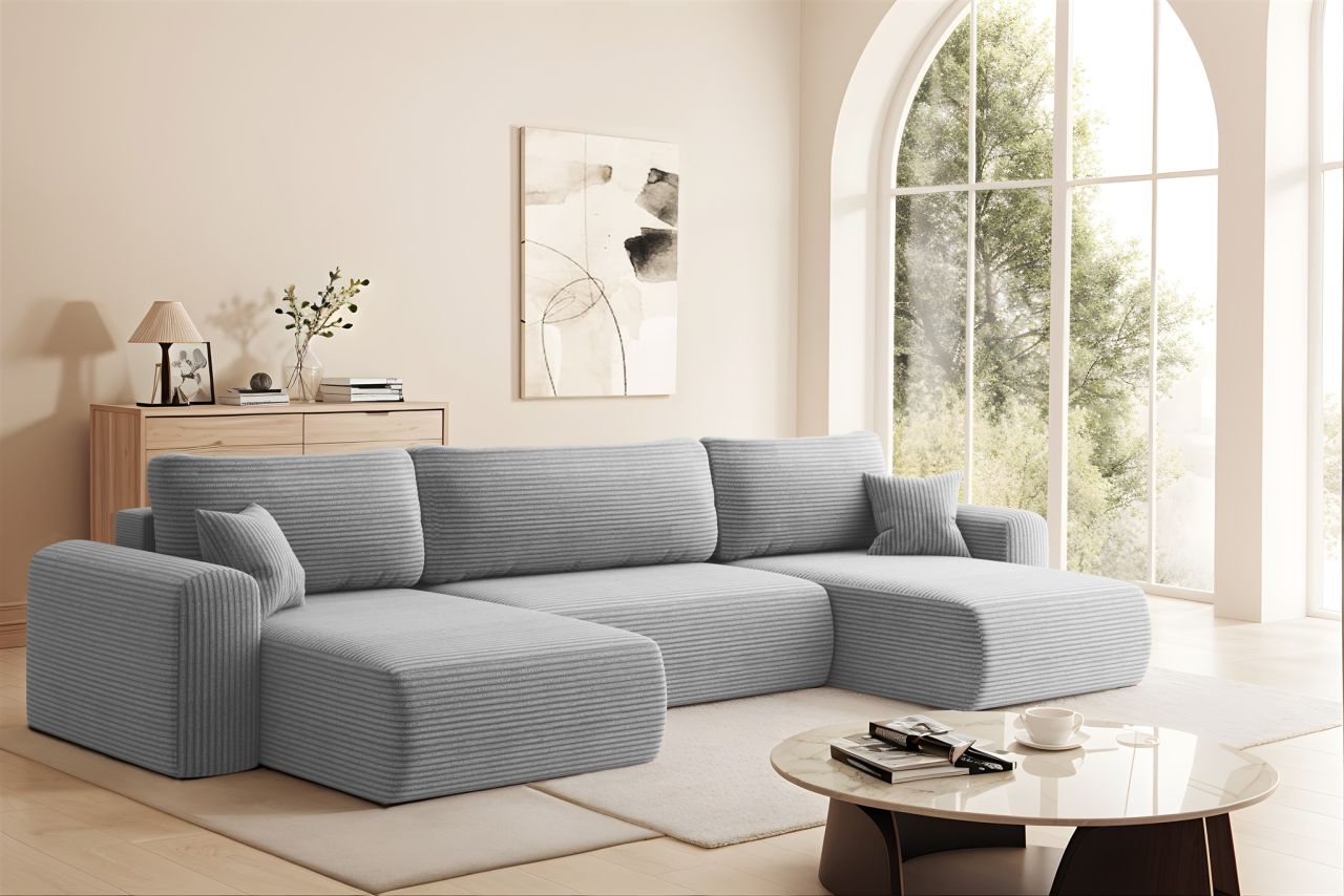 Wohnlandschaft Sofa mit Schlaffunktion FLORA Stoff Poso Hellgrau