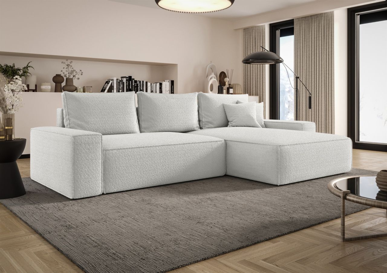 Ecksofa Schlafsofa Sofa WALKEN Stoff Quelle Weiss Ottomane Rechts