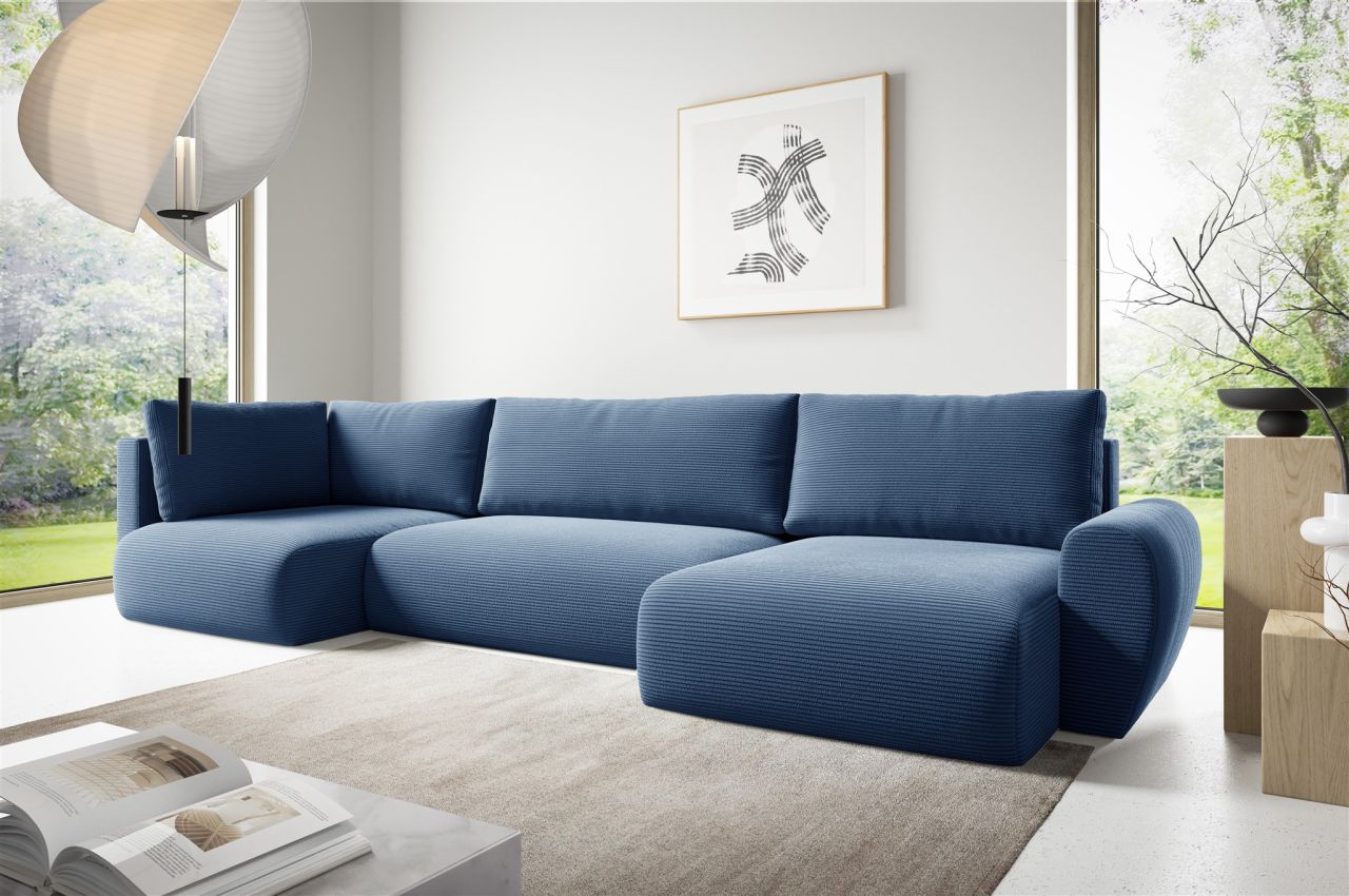 Fun Möbel Blau Wohnlandschaft Schlafsofa Galan Stoff Poso Ottomane Rechts