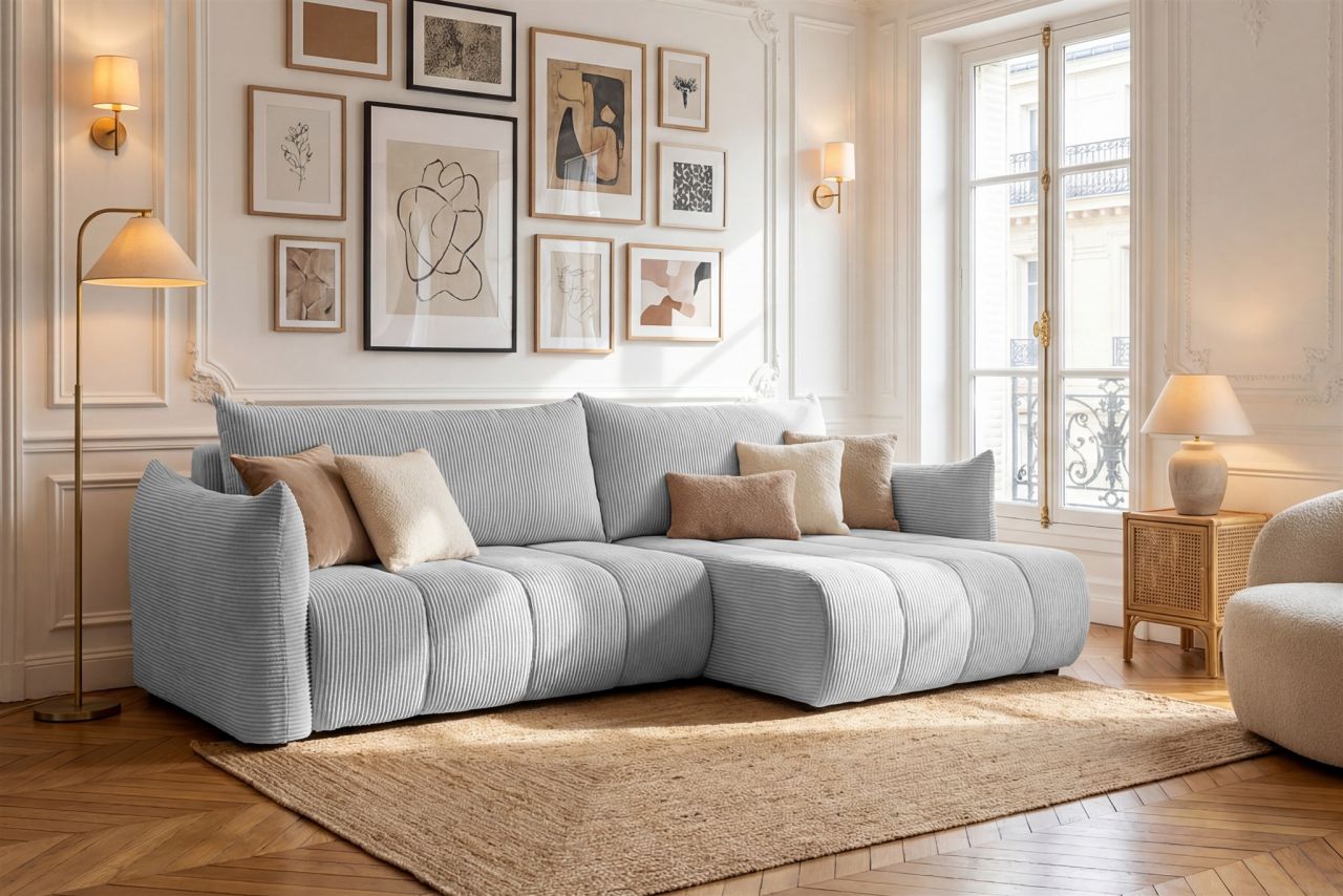 Ecksofa Schlafsofa ONTARIO in Stoff Poso Hellgrau Ottomane Rechts