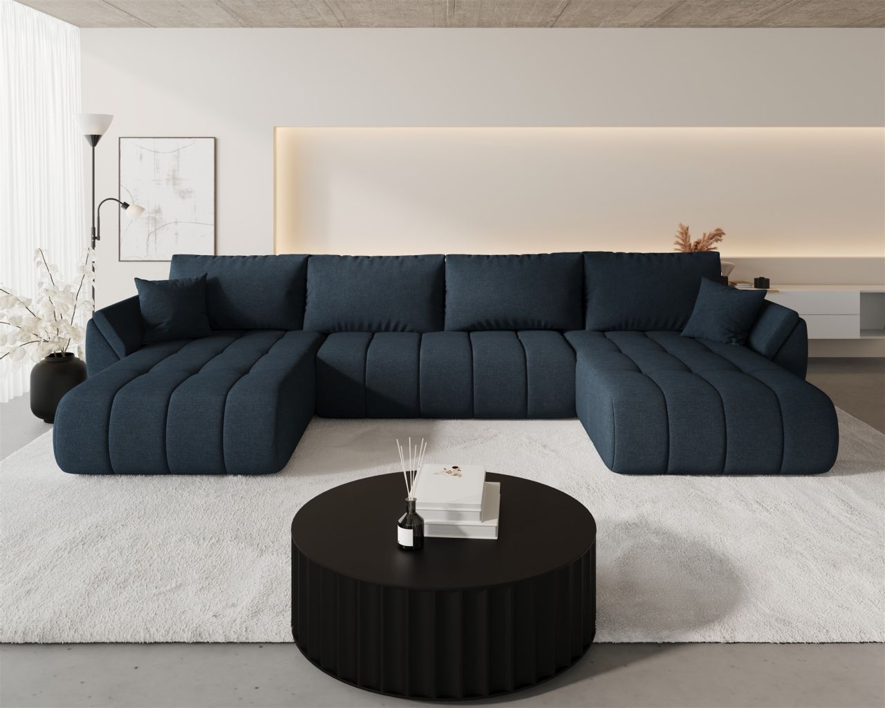 Wohnlandschaft Sofa mit Schlaffunktion MISATO Stoff Wind Dunkelblau