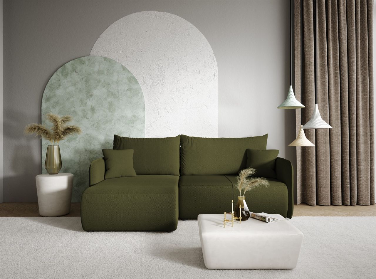 Ecksofa Sofa mit Schlaffunktion CALGARY Stoff Curio Grün Ottomane Links