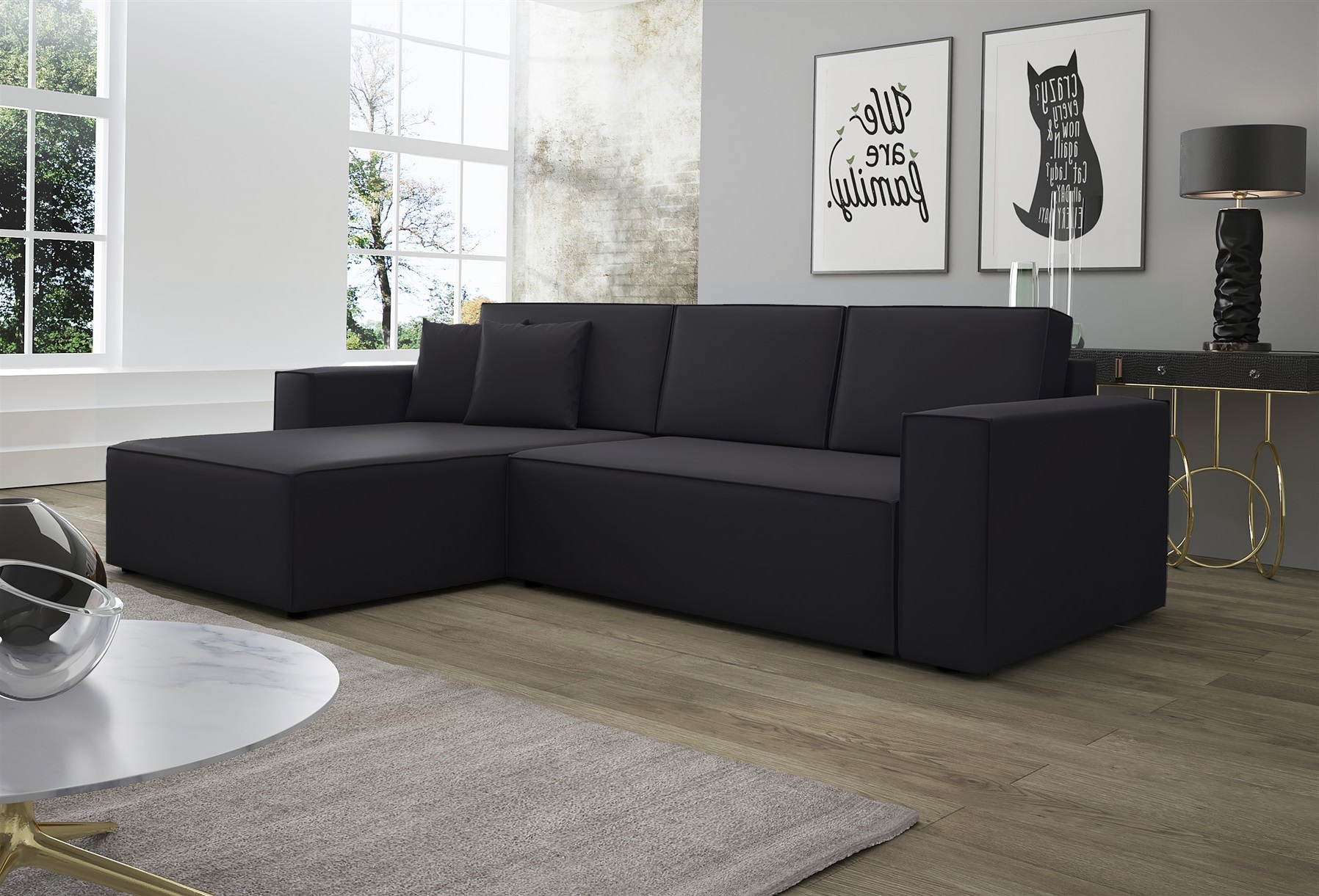 Ecksofa Schlafsofa Sofa CONOR Kunstleder Schwarz Ottomane Links | Ecksofa mit Schlaffunktion | Serie-CONOR | Polstermöbel-Serie