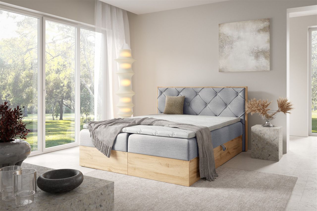 Boxspringbett Schlafzimmerbett HELIOS 120x220cm in Stoff Rouge Hellgrau