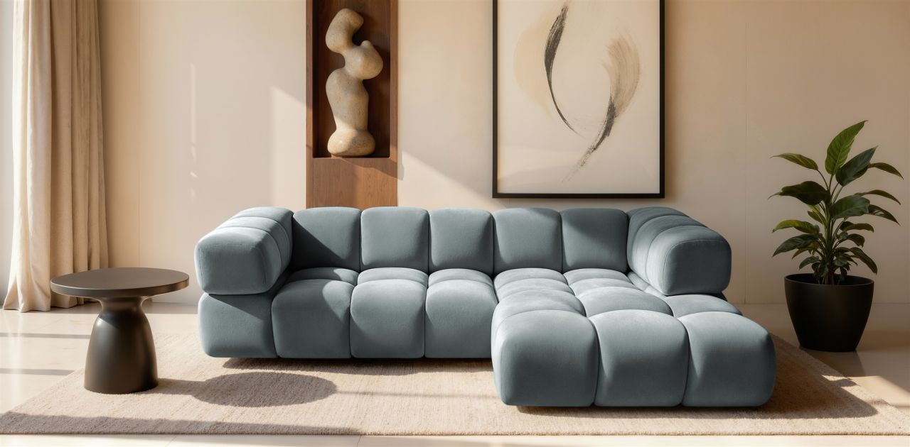 Ecksofa ersofa BLANCHE in Stoff Bluvel Graublau Ottomane Rechts