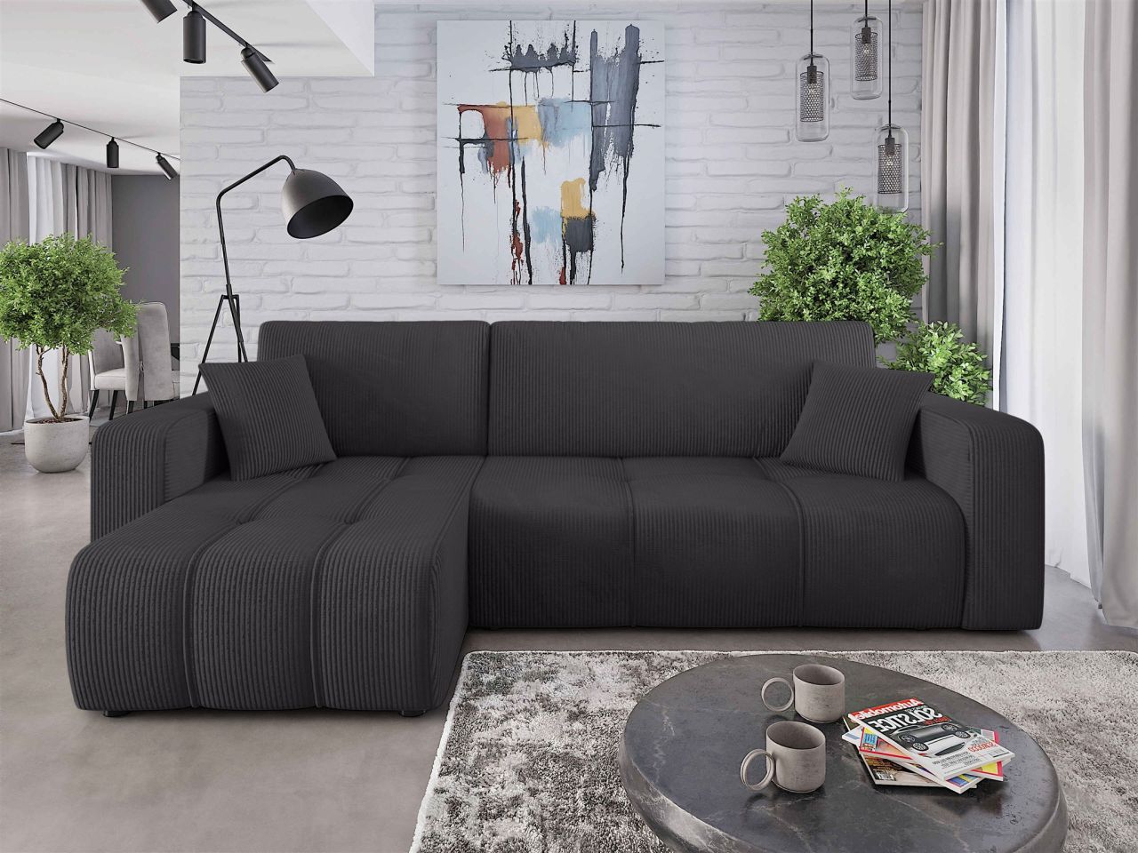 Ecksofa mit Schlaffunktion Sofa DAGNY in Stoff Poso Schwarz Ottomane Links