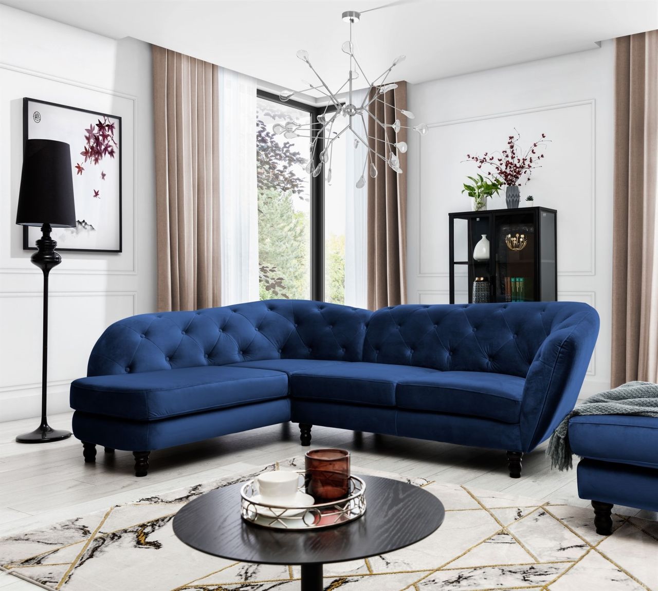 Ecksofa ersofa CHARLOTTE in Stoff Matt Velvet Dunkelblau Ottomane Links