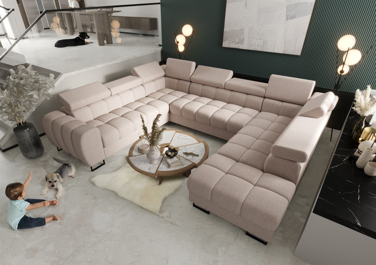 Wohnlandschaft Schlafsofa BASTIEN XL in Stoff Gemma Creme Ottomane Rechts